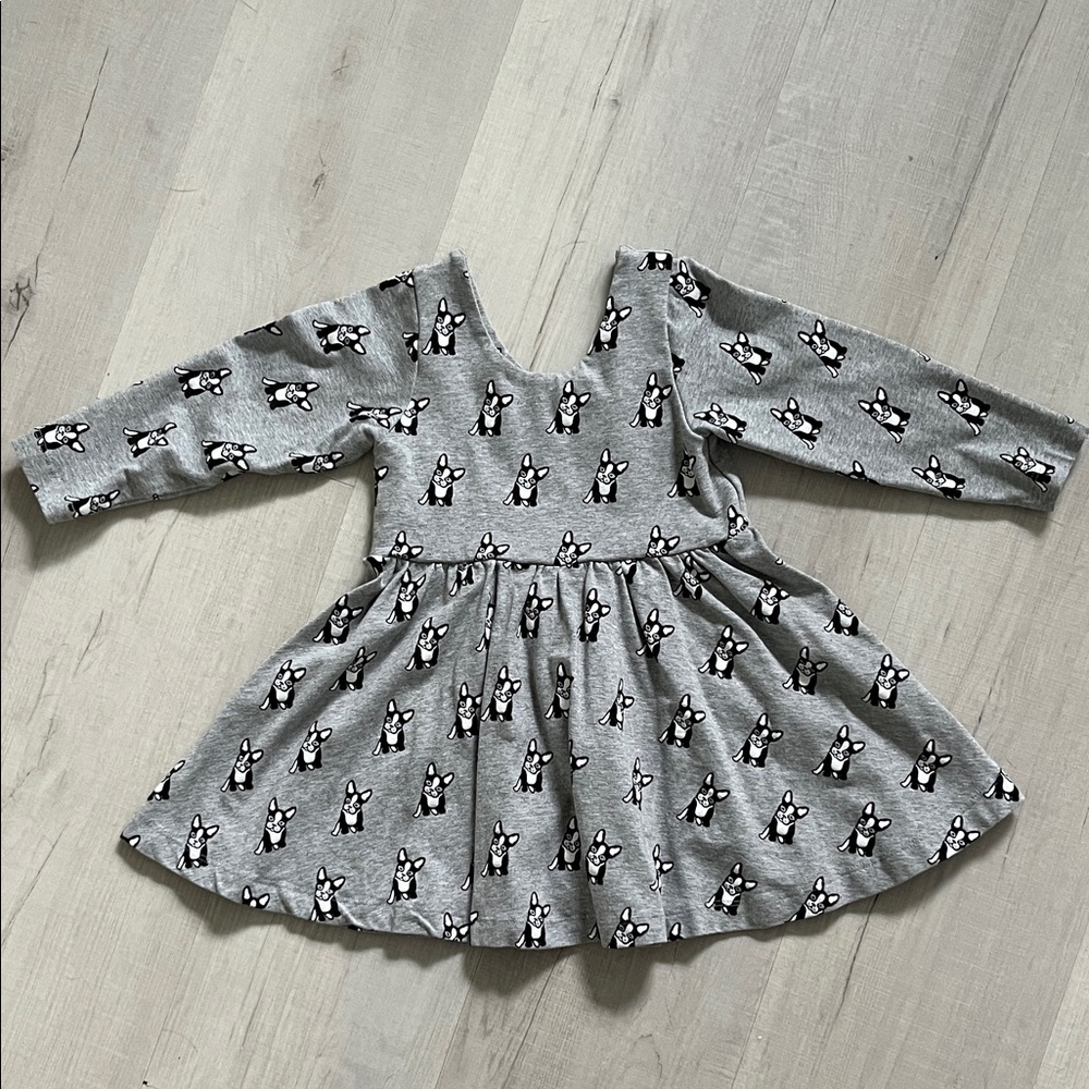 Monica & Andy Gray Long-Sleeve Kids Dress with Frenchie Print  - 2T